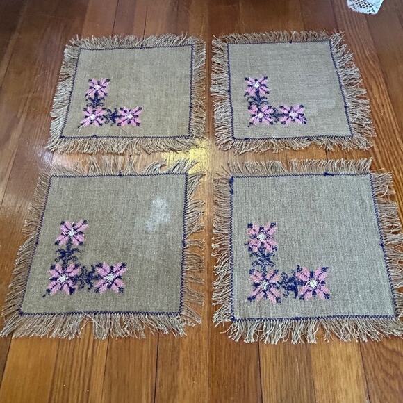Vintage Pink Floral Embroidered 10”x10” Placemats on Burlap with Fringed Edge - Picture 5 of 9